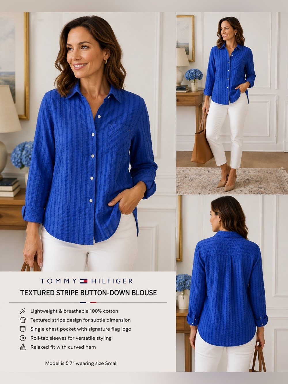 Tommy Hilfiger Textured Stripe Button-Down Shirt Blue Roll Tab Sleeve Small